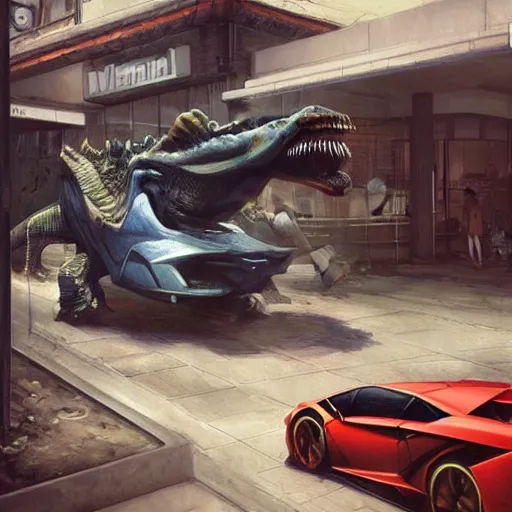 Image similar to lamborghini with dinosaur near a mc donald store, highly detailed, concept art, art by wlop and artgerm and greg rutkowski, masterpiece, trending on artstation, 8 k