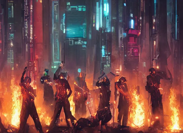 Image similar to cyberpunk protesters holding placards, detailed digital illustration by greg rutkowski, fire, android netrunner