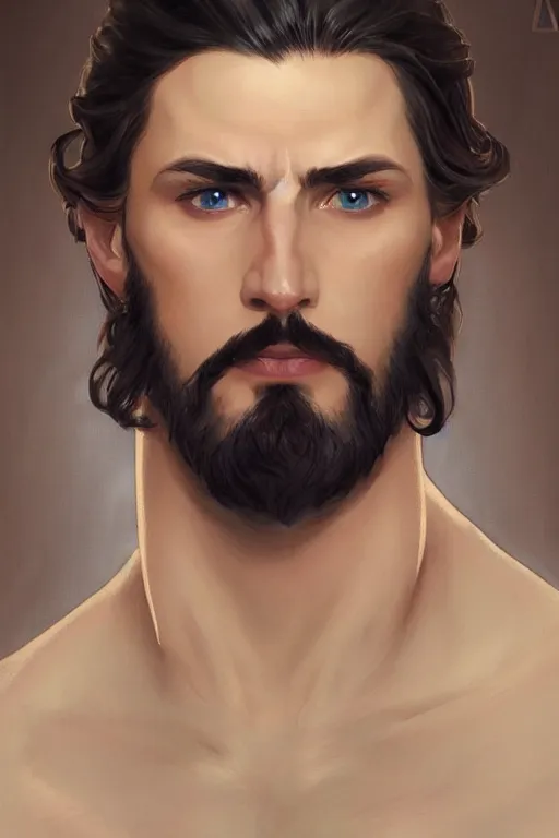 Image similar to beautiful Aryan man staring straight ahead with blue eyes and long hair and a goatee, elegant, highly detailed, digital painting, artstation, concept art, smooth, sharp focus, illustration, art by artgerm and greg rutkowski and alphonse mucha