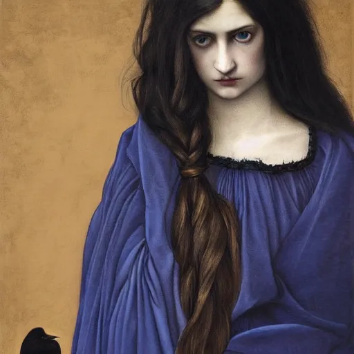 Image similar to full body portrait of a dark haired girl, long hair, pale beautiful gentle face, blue eyes, intricate goth dress, among ravens, highly detailed, deep focus, elegant, digital painting, smooth, sharp focus, golden ratio, illustration, ultra realistic, 8 k, art by artemisia lomi gentileschi and caravaggio