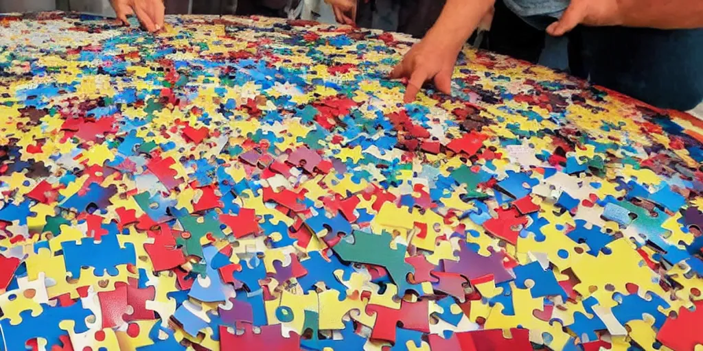 Image similar to a giant jigsaw puzzle being put together by tiny people