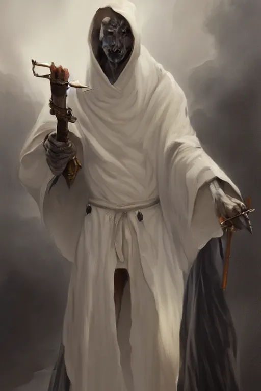 Image similar to fantasy painting of a pale man dressed in robes with a black blade, painted by Bayard Wu, ultra detailed, 8k