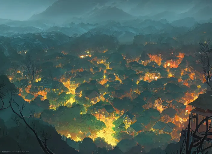 Prompt: concept art painting of a small woodland village at midnight, by a river in a mountain valley seen from above, night time, european japanese buildings, cel shaded, realistic, by makoto shinkai and moebius and anton fadeev and greg rutkowski and james gurney