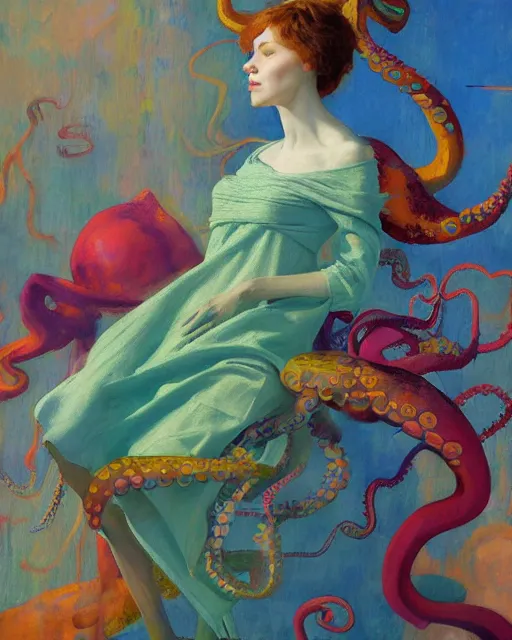 Prompt: a beautiful girl wearing a colourful octopus as a dress, painted by edgar maxence, edward hopper, wayne barlowe and james gilleard, airbrush, art by jamesjean