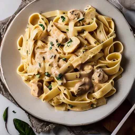 Prompt: a creamy fettuccine pasta with banana sauce, food photography