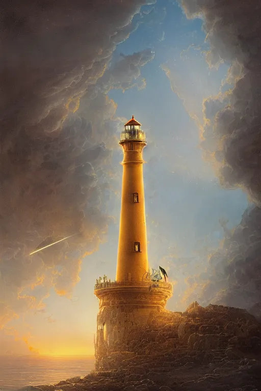 Prompt: Detailed Exterior Shot of Golden Lighthouse of Alexandria, light of sin, moonlight shafts, flock of birds, dawn atmosphere, in Style of Peter Mohrbacher, cinematic lighting