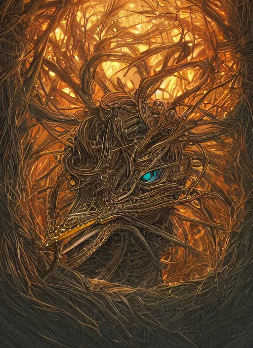 Image similar to nest on human head, nest like a wreath, cruelty, black crows, light effect, hyper detailed, intricate, elegant, highly detailed, digital painting, artstation, concept art, matte, sharp focus, illustration, by dan mumford, yusuke murata, makoto shinkai, ross tran