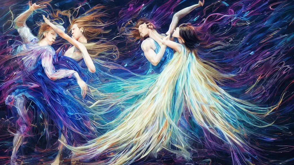 Image similar to a detailed painting of two people dancing togheter inspired by yoshitaka amano enveloped in trails of colorful animal ghosts floating around them. clean painting, realistic and auora lighting. dark blue and intense purple color palette, art by kuvshinov ilya, 8 k