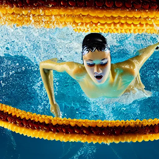 Image similar to uhd photo of olympic swimmers swimming in cheese sause, uhd hyperdetailed photography, photo by annie leibowitz