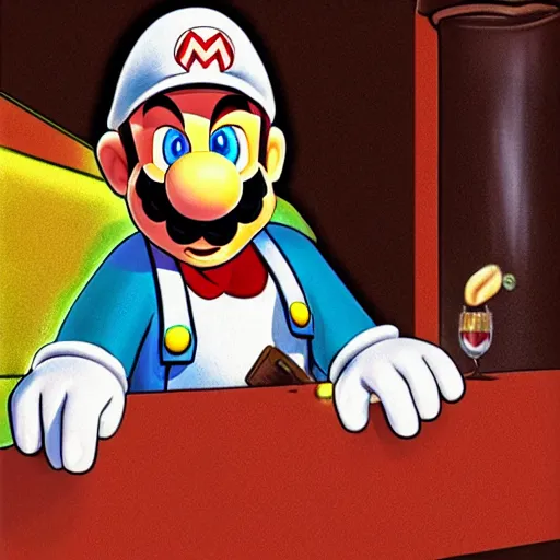 Prompt: super mario sitting in a bar smoking a cigar with bloodshot eyes