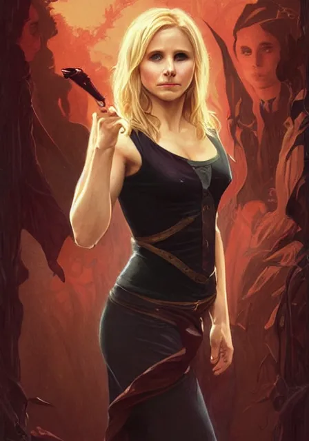 Image similar to kristen bell as buffy the vampire slayer, intricate, elegant, highly detailed, digital painting, artstation, concept art, smooth, sharp focus, illustration, art by artgerm and greg rutkowski and alphonse mucha and william - adolphe bouguereau