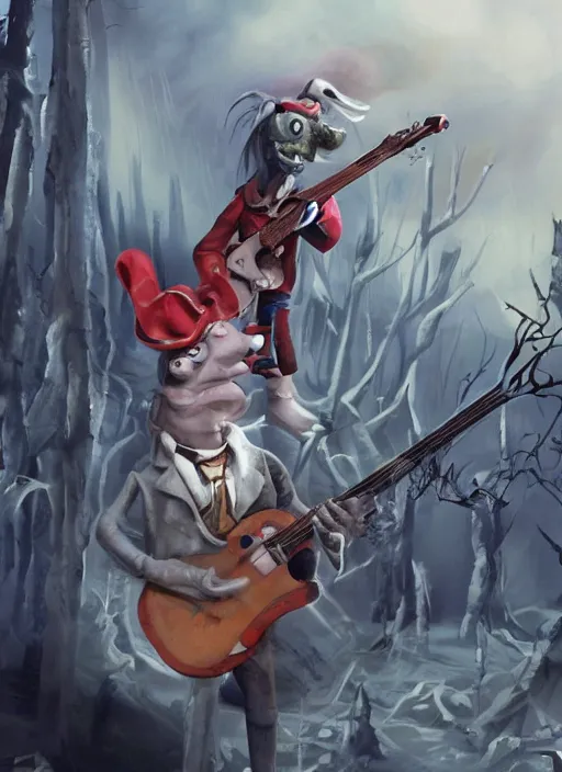 Prompt: a cute sharply dressed goblin playing the blues on an old guitar, in the style of boris valejo and terry gilliam, fantastic, dramatic lighting, smoke, mist, forest, hyperrealistic, photorealistic, accurate, detailed, octane render