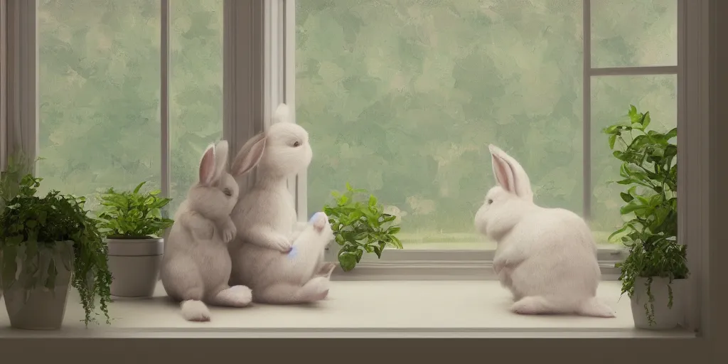 Image similar to beautiful peaceful dreamy painting of a content bunny sitting by a window and looking outside, sunshine coming through the window, small plants on the window sill, 8k, hyper realism, trending on artstation, octane render