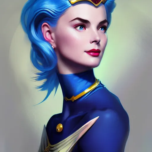 Image similar to Grace Kelly with blue hair as Sailor Moon, western, D&D, fantasy, intricate, elegant, highly detailed, digital painting, artstation, concept art, matte, sharp focus, illustration, art by Artgerm and Greg Rutkowski and Alphonse Mucha