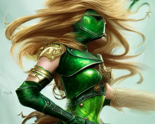 Image similar to A blonde emerald warrior, HD, illustration, epic, fantasy, intricate, elegant, amazing detail, digital painting, artstation, concept art, smooth, sharp focus, illustration, art by Frank Neidhardt