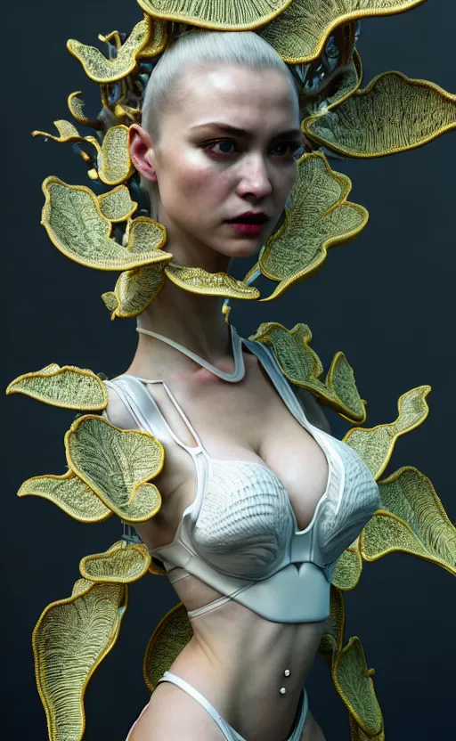 Image similar to intricate hyper detailed ultra sharp 3 d render of a beautiful porcelain seductive woman portrait, medium shot portrait, bright light, alexandre ferra white mecha, cyberpunk mechanical haute couture huge fractal mycelum and fungi, magnolia goliath head ornaments, big embroidered leaves filigree sinuous roots, octane render, volumetric cinematic lighting, yellow, 8 k, vray tracing