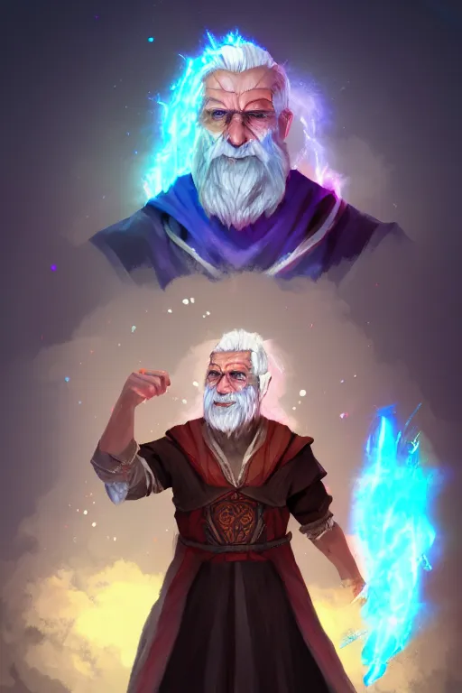 Image similar to a human elemental sorcerer, mountainous setting, colorful magic effects, white skin, portrait, old man, sharp focus, digital art, concept art, trending on artstation, dynamic lighting, by emylie boivin