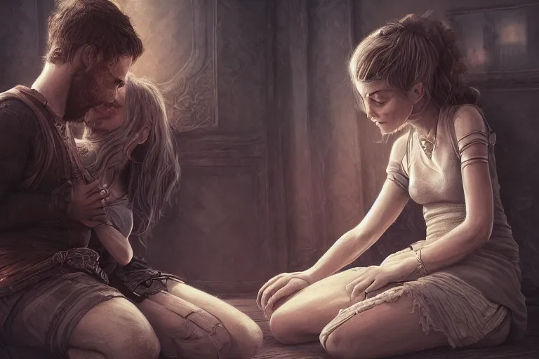 Prompt: close up of man and woman sitting on the floor while hugging each other in the living room, deep focus, d & d, fantasy, intricate, elegant, highly detailed, digital painting, artstation, concept art, matte, sharp focus, illustration