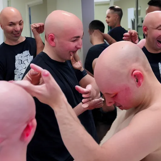 Image similar to people pointing at a bald person, shaving head while people point, everyone watching someone shave their head, pointing at a bald person, people with hair laughing at bald people, cornering a bald person, scared bald people