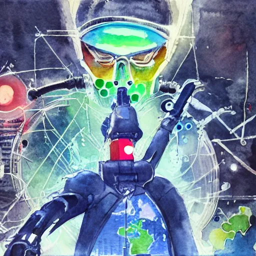 Image similar to hack the planet, watercolor, 2077