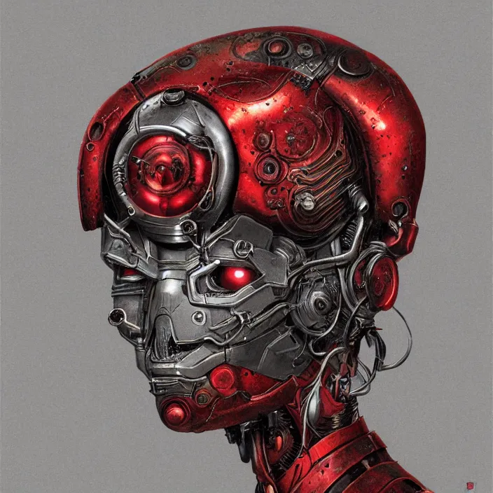 Image similar to in the art style of h. r. giger a portrait of a ruby ultron from age of ultron, clockwork steampunk, head and chest only, by beksinski, 4 k, deviantart, trending on artstation