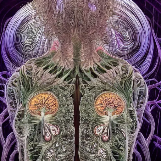 Image similar to a beautiful detailed photo of a centered full body rotten woman corpse morphing into fractal plants and fractal flowers and mushrooms, face muscles, veins, anatomical, intricate, ornate, volumetric light, beautiful lit, beetlejuice