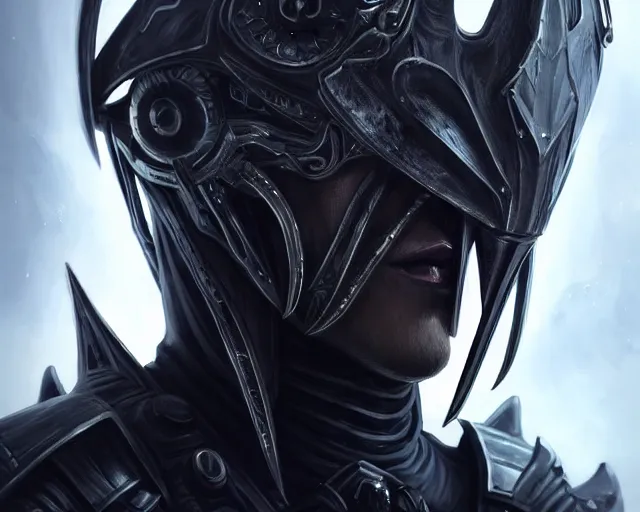 Image similar to extreme close up portrait of a dark elf in futuristic black leather armor, reflective black, bottom up lighting, stoic, poised, deep focus, d & d, fantasy, intricate, highly detailed, digital painting, artstation, concept art, matte, sharp focus, illustration, hearthstone, art by artgerm and greg rutkowski and alphonse mucha