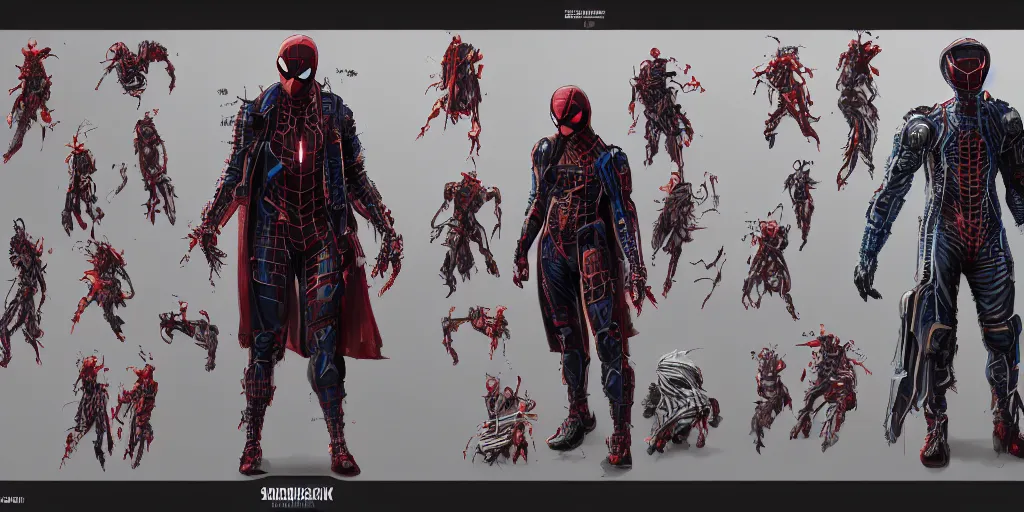 Image similar to cyberpunk spiderman, character sheet, concept design, contrast, kim jung gi, greg rutkowski, zabrocki, karlkka, jayison devadas, trending on artstation, 8 k, ultra wide angle, pincushion lens effect