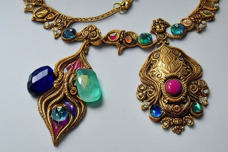 Image similar to highly detailed oil painting, very realistic gemstones, symmetrical, art nouveau, ornate, delicate, brilliant colors of the sea gemstone necklace, dramatic light,