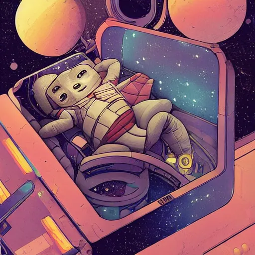 Prompt: baby groot lies flat in bed the space ship, by victo ngai