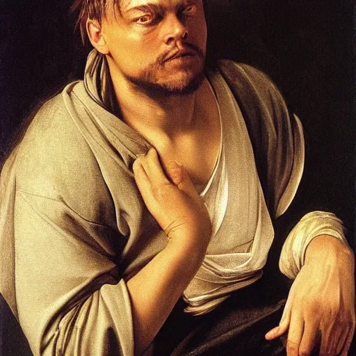 Prompt: Leonardo Di Caprio fused with Morgan Freeman. Painted by Caravaggio, high detail