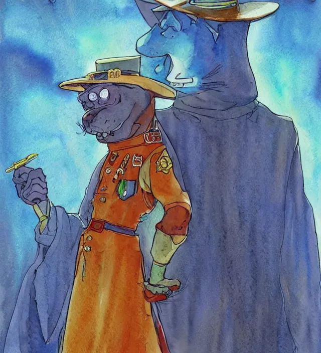 Image similar to a watercolor ink painting of scooby - doo as a wizard / sheriff in the style of jean giraud in the style of moebius trending on artstation deviantart pinterest detailed realistic hd 8 k high resolution