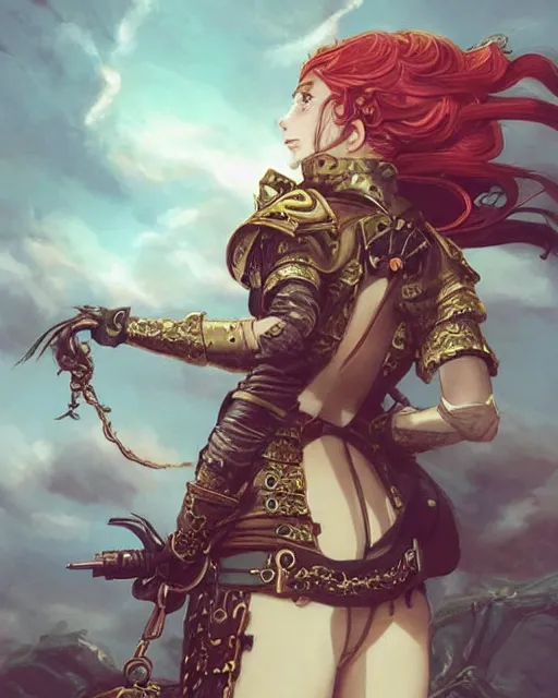 Image similar to a beautiful 2D illustration of a young female steampunk pirate wearing leather armor on gold and red trimmings on green, by Charlie Bowater, tom bagshaw, Artgerm and Lois Van Baarle, very cool pose, pirate ship with an epic sky background, slightly smiling, cinematic anime lighting and composition, fantasy painting, very detailed, ornate, trending on artstation and pinterest, deviantart, google images