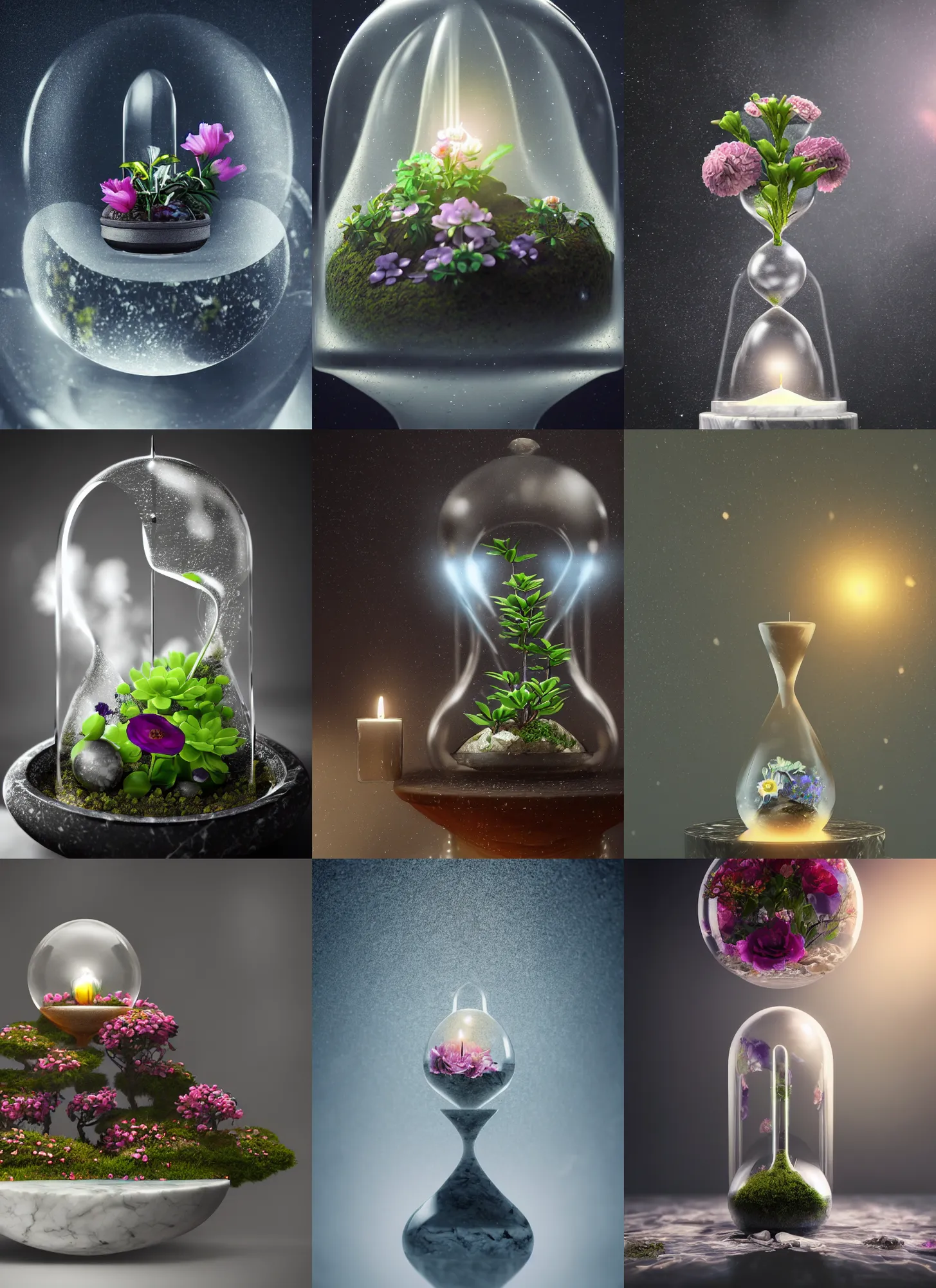 Prompt: flowers inside of a marble, hourglass, bonsai, galaxy, water droplet, intricate detail, volumetric lighting, epic composition, hyper detailed, ultra realistic, sharp focus, octane render, candle volumetric, ray tracing, artstation trending, cgsociety, sense of awe, swirling mist, 4 k