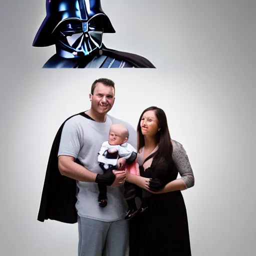 Image similar to a picture of Darth Vader holding a baby in a family portrait with wife and kids, photoshoot, studio lighting. Realistic, professional photography