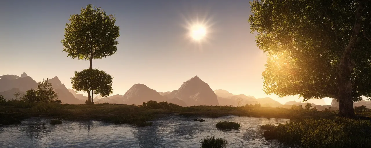 Image similar to big realistic tree near to a river on sunset with reflection on the leaves and mountains in the background, landscape, extremely high fidelity, 8 k, super resolution, concept art, cinematic view, super resolution, unreal engine 5, perspective 3 d octane render, light rays, lens flare, epic, hyperdetailed