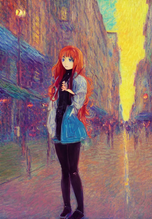 Image similar to wide angle portrait of a teenage girl, a thrifty outfit, very anime in impressionist style, city street view background, starlit night sky, trending artwork, anime painter studio, by claude monet