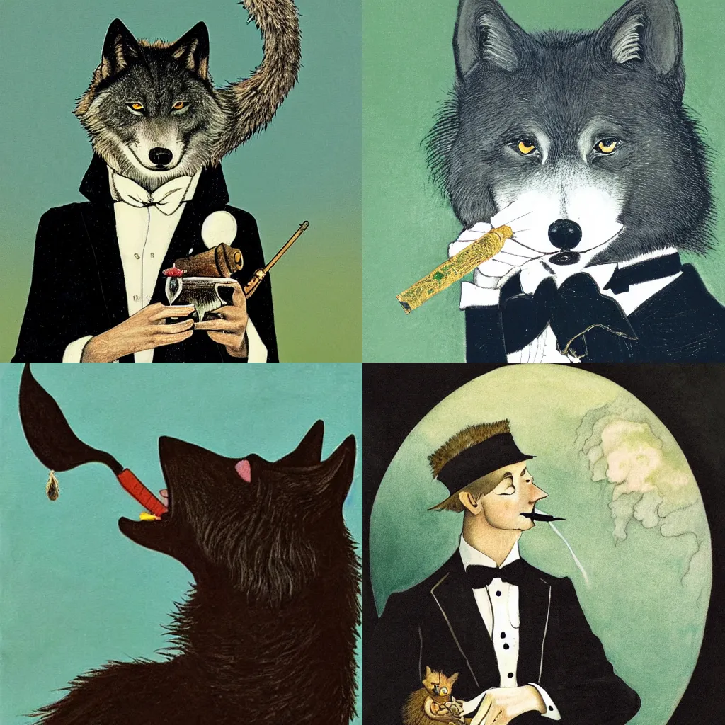 Prompt: portrait of a singular aristocratic wolf!!!!!!!! wearing a tuxedo and smoking an old pipe, in style of ida rentoul outhwaite, closeup, isolated on plain background