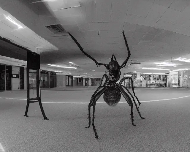 Image similar to camera footage of a Gigantic spider in an abandoned shopping mall, high exposure, dark, monochrome, camera, grainy, CCTV, security camera footage, timestamp, zoomed in, fish-eye lens, spiders, spider, spider, spider,