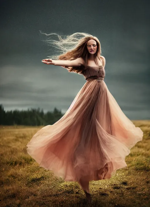 Image similar to cinestill 5 0 d portrait photo of a beautiful woman, nordic type, delicate, subsurface scattering, long hair floating in air in style of annie liebovitz, 1 5 0 mm, windy mood, dress in voile, mute dramatic colours, soft blur outdoor stormy background, volumetric lighting, hyper detailed, hyper realistic