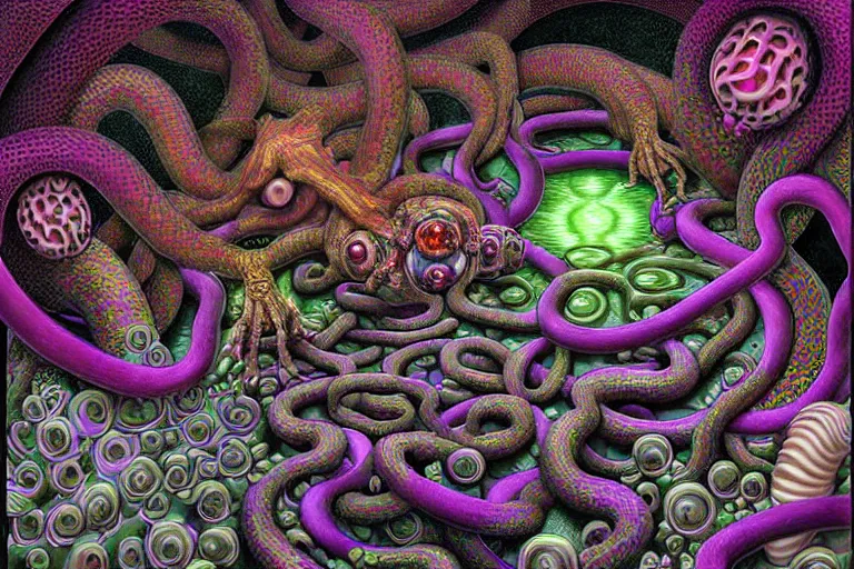 Image similar to a detailed digital art painting of a cell shaded cyberpunk ornate magick oni demon with occult futuristic effigy of a beautiful field of mushrooms that is a adorable ferret atomic latent snakes in between lizard biomorphic molecular psychedelic hallucinations in the style of escher, alex grey, stephen gammell inspired by realism, symbolism, magical realism and dark fantasy, crisp