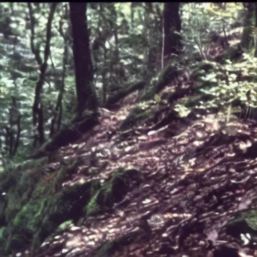 Prompt: A screen capture of found footage video left behind by a missing hiker in 1986.