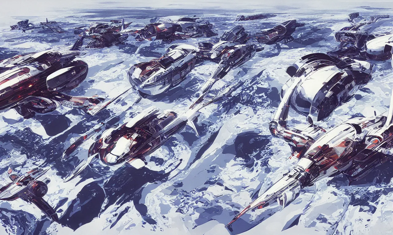 Image similar to Aerial view of an expedition into the frozen wasteland on an alien planet by Syd Mead, Federico Pelat