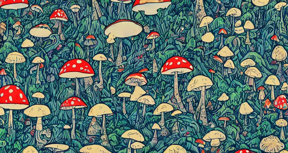 Image similar to Space Needle in a forest of giant mushrooms, by james jean