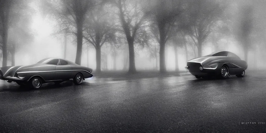 Prompt: parked retro futuristic vintage car, fog, rain, volumetric lighting, beautiful, golden hour, sharp focus, highly detailed, cgsociety