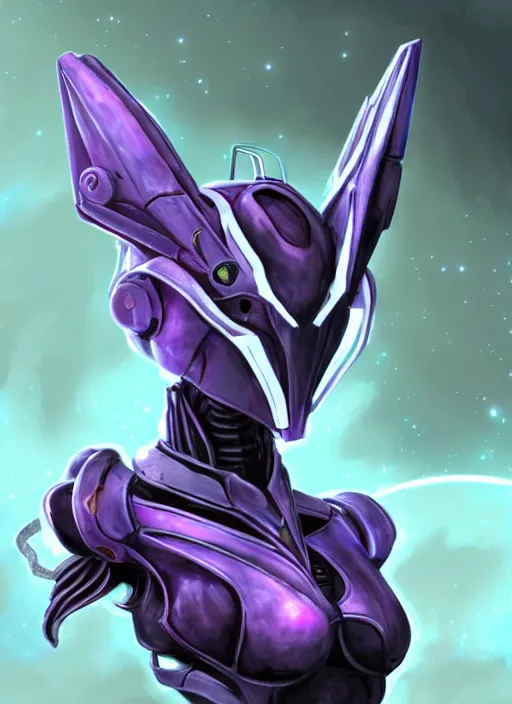 Image similar to cinematic bust shot, cosmic sized proportional stunning beautiful hot female warframe, detailed robot mecha female dragon head, metal ears purple eyes, sleek silver armor, fuschia skin, floating in empty space, nebula sized, posing elegantly, epic proportions, epic size, epic scale, furry art, dragon art, giantess art, warframe fanart, furaffinity, deviantart
