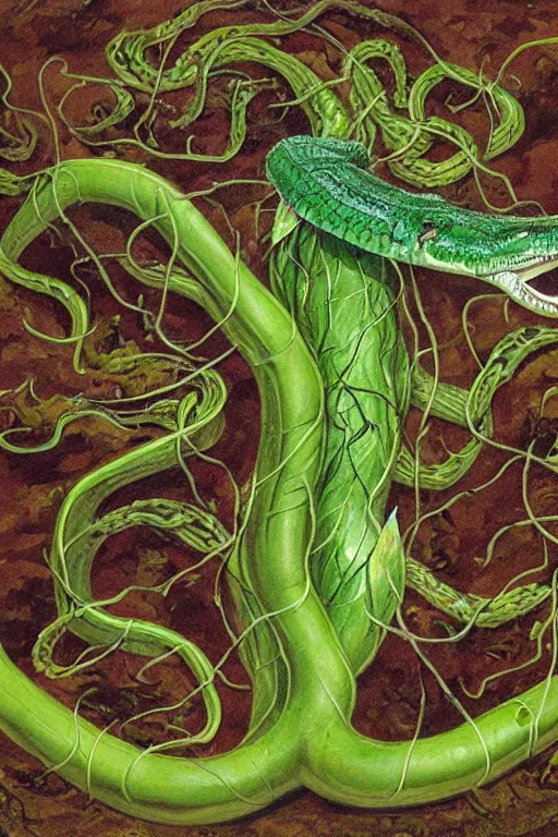 Image similar to a carnivorous plant with a long vine and the head of a barracuda, a carnivorous plant with a long vine and the head of a alligator, side view of a plant showing roots stem and bud, plant photograph showing roots underground