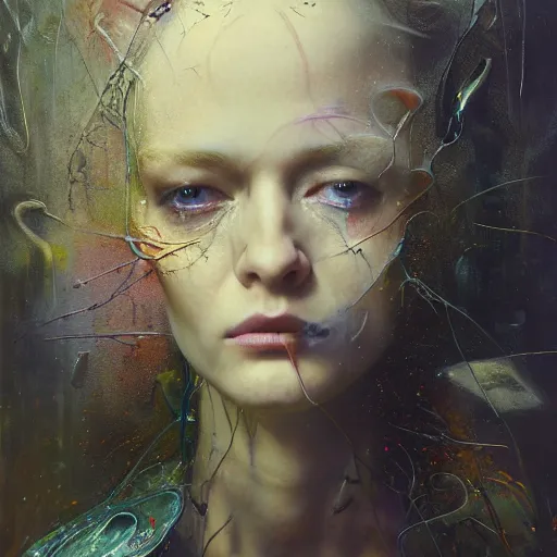 Image similar to cyberpunk dreaming by eugene von bruenchenhein, peter lindbergh, sam spratt, michael page, alyssa monks, julie heffernan, glenn brown, naoto hattori, brian froud, nicola samori, paolo roversi, kilart, 8 k, hyper detailed, hyper realism, acrylic paint, surrealism, smooth, sharp focus