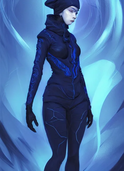 Image similar to full body portrait of a blue witch within a techwear. cynical face, concept art, fantasy illustration, intricate, highly detailed 8 k, smooth, sharp focus, beautiful and aesthetic shape of face and body, artgerm, artstation, art by zexi guo and nira and junpei suzuki and gharliera and rinotuna