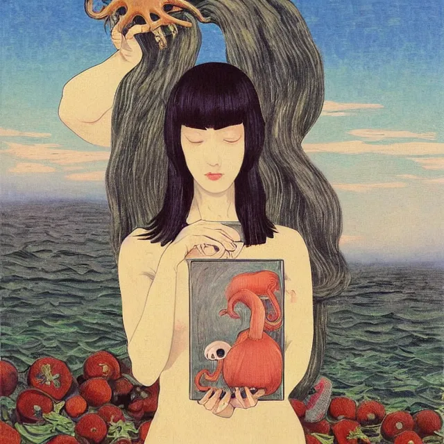 Image similar to tall emo girl artist holding an octopus, in odawara, books, small portraits, gourds, berries, pigs, acrylic on canvas, surrealist, by magritte and monet